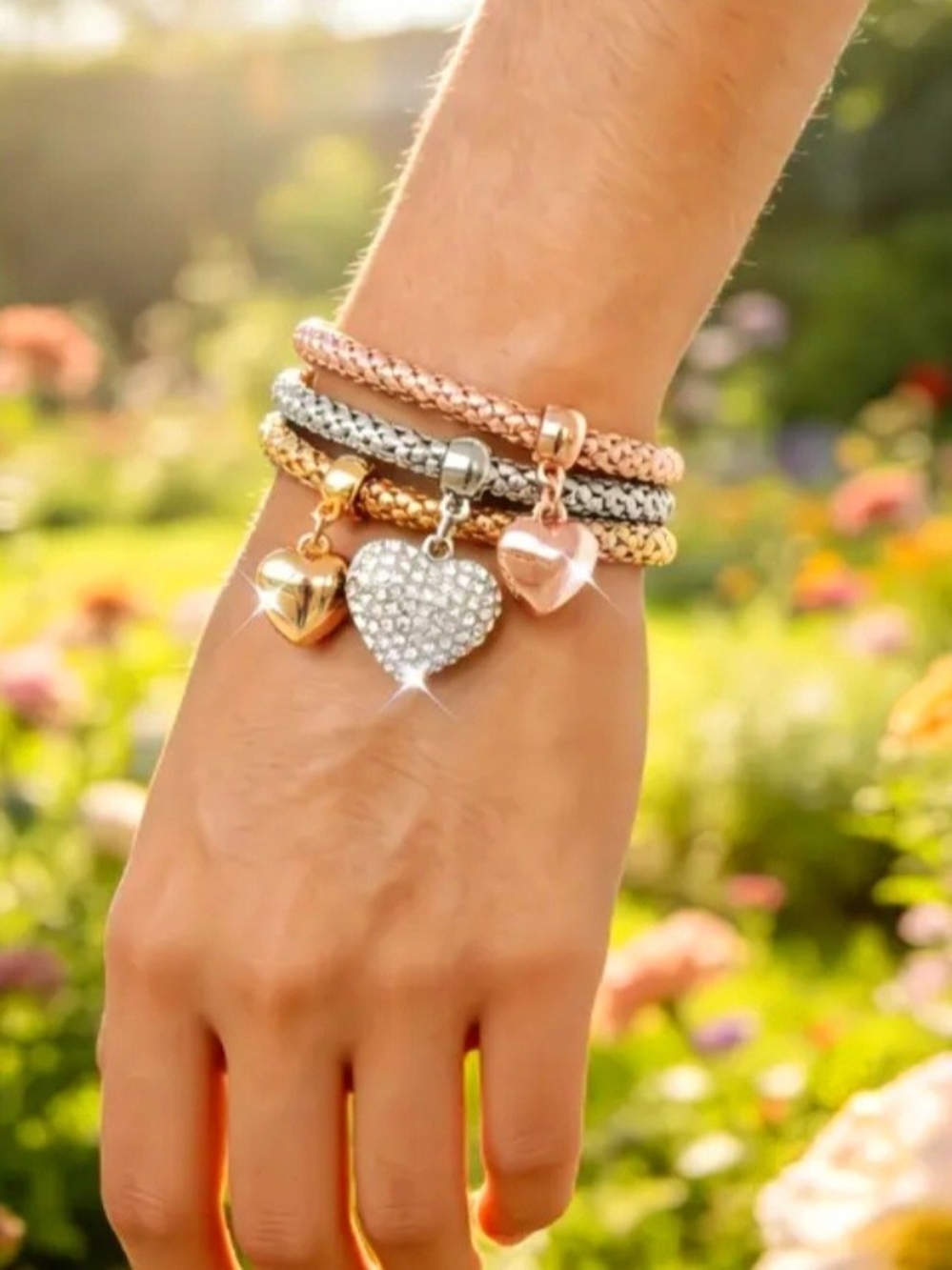 Multi-Tone Heart Charm Bracelet Set - Gold, Silver & Rose Gold - Picture 5 of 6